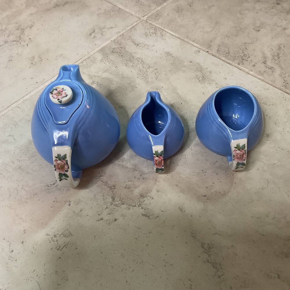 Vintage Halls Rose Parade Blue Teapot Creamer Sugar Set 1259 Made in USA 3 Piece